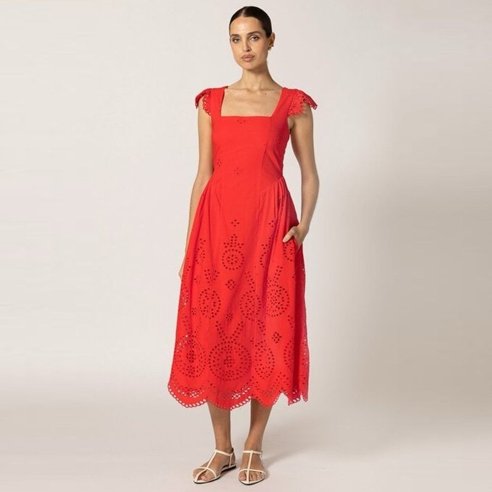Cleobella Kiki Red Eyelet Square-Neck Midi Dress NWOT Large